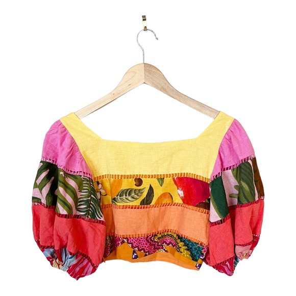 FARM RIO Tiered Top Rainbow Mixed Print Cropped Linen Multicolor Puff Sleeve Sm - Picture 7 of 13